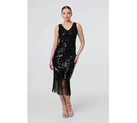 Izabel London Sequin Embellished Tassel Trim Midi Dress - Black - L