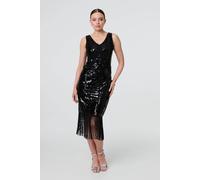 Izabel London Sequin Embellished Tassel Trim Midi Dress In Black Black XL