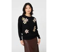 Izabel London Sequin Floral Embellished Relaxed Jumper - 8 - Black
