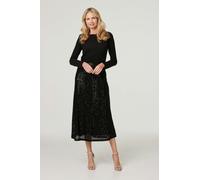 Izabel London Sequin High Waist Semi Sheer Midi Skirt for Women UK with an a-line Shape and semi Sheer mesh. Black