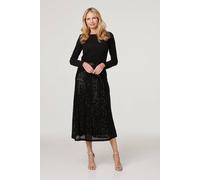 Izabel London Sequin High Waist Semi Sheer Midi Skirt for Women UK with an a-line Shape and semi Sheer mesh. Black