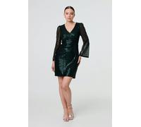 Izabel London Sequin Semi Sheer Long Sleeve Mini Dress - Green - 18