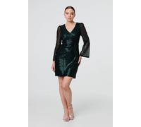 Izabel London Sequin Semi Sheer Long Sleeve Mini Dress In Green Green