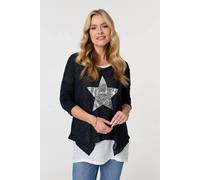 Izabel London Women's Sequin Star Front Relaxed Layered Top in Navy | Size: 18