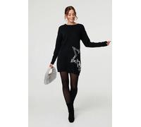 Izabel London Sequin Star Long Sleeve Knit Short Dress - 8 - Black