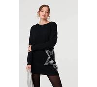 Izabel London Sequin Star Long Sleeve Knit Short Dress for Women UK with Drop Shoulders and a Relaxed fit. Black