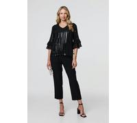 Izabel London Sequin Stripe Ruffled 3/4 Sleeve Blouse - Black - 8