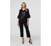 Izabel London Sequin Stripe Ruffled 3/4 Sleeve Blouse for Women UK with a v-Neck and a Hip Length Hem. Black