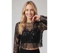 Izabel London Sheer Sequin Embellished Long Sleeve Top In Black Black