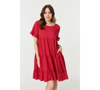 Izabel London Short Sleeve Frilled Short Smock Dress - Red - 10