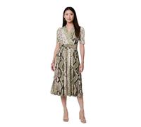 Izabel London Snake Print 1/2 Sleeve Jersey Midi Dress for Women UK with wrap Front, Pockets and midi Skirt. Khaki