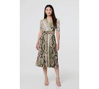 Izabel London Snake Print 1/2 Sleeve Jersey Midi Dress for Women UK with wrap Front, Pockets and midi Skirt. Khaki