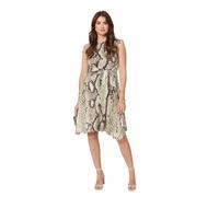 Izabel London Snake Print Boat Neck Hanky Hem Short Dress for Women UK with a tie Waist and a Sleeveless fit. Green