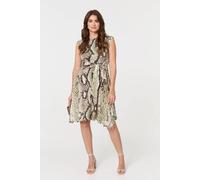 Izabel London Snake Print Boat Neck Hanky Hem Short Dress for Women UK with a tie Waist and a Sleeveless fit. Green