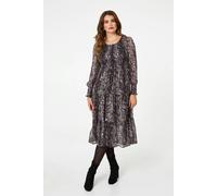 Izabel London Snake Print Smocked Midi Tiered Dress - 8 - Black