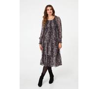 Izabel London Snake Print Smocked Midi Tiered Dress In Black Black 14