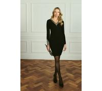 Izabel London Sparkle V-Neck Long Sleeve Mini Dress for Women UK with Bodycon fit, Sequin Trim and Mini Length. Black