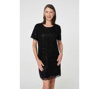 Izabel London Sparkly Embellished Short Shift Dress for Women UK with a Round Neck and semi Sheer lace. Black