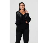 Izabel London Sparkly Embellished V-Neck Jumper - 12 - Black