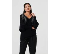 Izabel London Sparkly Embellished V-Neck Jumper - 8 - Black