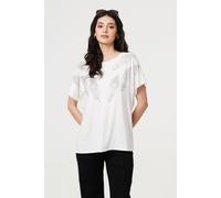 Izabel London Sparkly Feather Print Relaxed T-Shirt In White White M/L