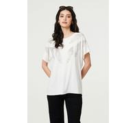 Izabel London Sparkly Feather Print Relaxed T-Shirt - White - S/M