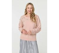 Izabel London Women's Sparkly Floral Detail Relaxed Jumper in Pale Pink | Size: 16 Izabel London Pale Pink 16