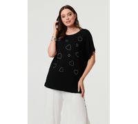 Izabel London Women's Sparkly Heart Detail Relaxed T-Shirt in Black | Size: 8