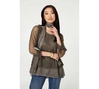 Izabel London Sparkly Mesh Scarf Detail Layered Top - 12 - Brown
