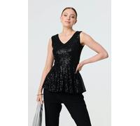 Izabel London Sparkly Sequin Sleeveless Peplum Top for Women UK with a v-Neck, a Hip Length Hem and Sequins. Black