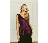Izabel London Sparkly Sequin Sleeveless Peplum Top for Women UK with a v-Neck, a Hip Length Hem and Sequins. Purple