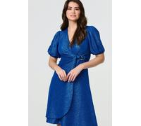 Izabel London Sparkly 1/2 Sleeve Belted Wrap Midi Dress for Women UK with a v-Neck, a wrap Front and Split Hem. Blue