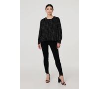 Izabel London Stripe Print Long Sleeve Blouse In Black Black 12