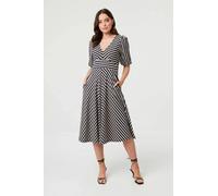 Izabel London Striped 1/2 Puff Sleeve Midi Dress - 12 - Navy