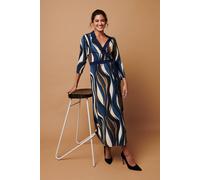 Izabel London Striped 3/4 Sleeve Midi Wrap Dress In Blue Blue 8
