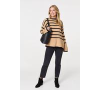 Izabel London Striped Flare Sleeve Roll Neck Jumper In Beige Beige L
