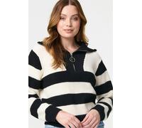 Izabel London Striped Knit 1/4 Zip High Neck Pullover - White - 16