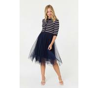 Izabel London Striped Knit Mesh Hanky Hem Midi Dress - 8 - Navy