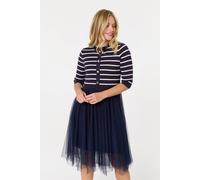 Izabel London Women's Striped Knit Mesh Hanky Hem Midi Dress in Navy | Size: 12 Izabel London Navy 12