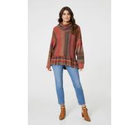 Izabel London Striped Oversized Frill Roll Neck Jumper for Women UK with Long Sleeves, Drop Shoulders & Frills. Orange