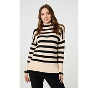 Izabel London Striped Relaxed Roll Neck Jumper - Beige - 10