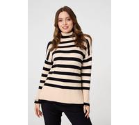 Izabel London Striped Relaxed Roll Neck Jumper Made from a Viscose Blend for Women UK with Drop Shoulders. Beige