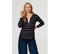 Izabel London Women's Striped Zip-Neck Textured Knit Top in Navy | Size: 10 Izabel London Navy 10