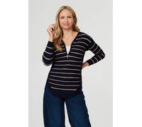 Izabel London Striped Zip-Neck Textured Knit Top - 12 - Navy