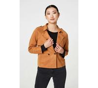 Izabel London Suede Texture 3/4 Sleeve Cropped Trench Coat - Brown - 8