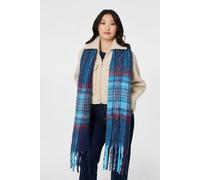 Izabel London Tartan Print Fringed Oversized Scarf - Blue - One