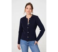 Izabel London Textured Button Front Collared Jacket In Navy Navy 8