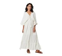 Izabel London Textured V-Neck Empire Kaftan Maxi Dress for Women UK with 3/4 Flared Sleeves and a Sparkly Trim. Cream