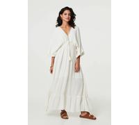 Izabel London Textured V-Neck Empire Kaftan Maxi Dress for Women UK with 3/4 Flared Sleeves and a Sparkly Trim. Cream