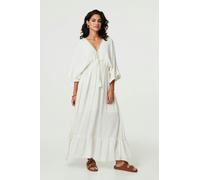Izabel London Textured V-Neck Empire Kaftan Maxi Dress for Women UK with 3/4 Flared Sleeves and a Sparkly Trim. Cream